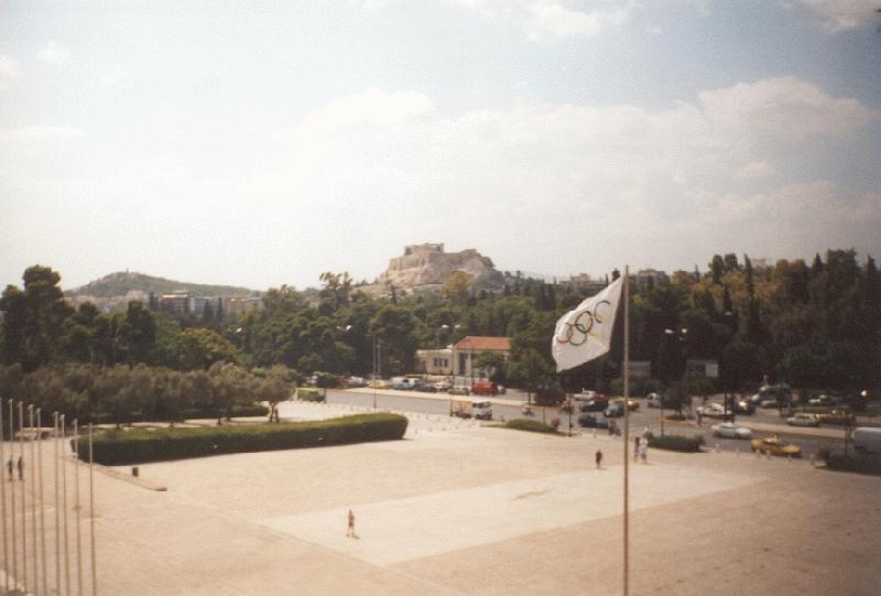 Greek trophy IV (11.07.2002 - 25.07.2002) - Visit to Athina, before going to Thessaloniki - 4: View on Acropolis, from the Olympic stadion.