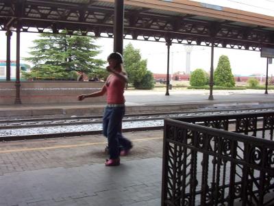 17: A few hours later, huffing and puffing we managed to bring ourselves and our luggage to the train station, ready fot the Bologna event! :D
We played truth or dare, this is Anelie with her dare: riding a motorbike at the train station :P