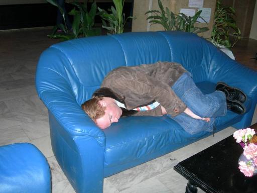 47: Thijs, sleeping in the lobby of hotel Pliska. Why didn't he sleep in his room? Only two people know...