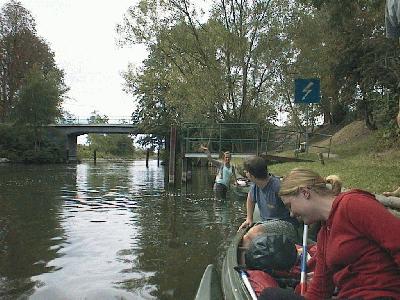 8: First day in the canoes and Antje falls into the water. ;)